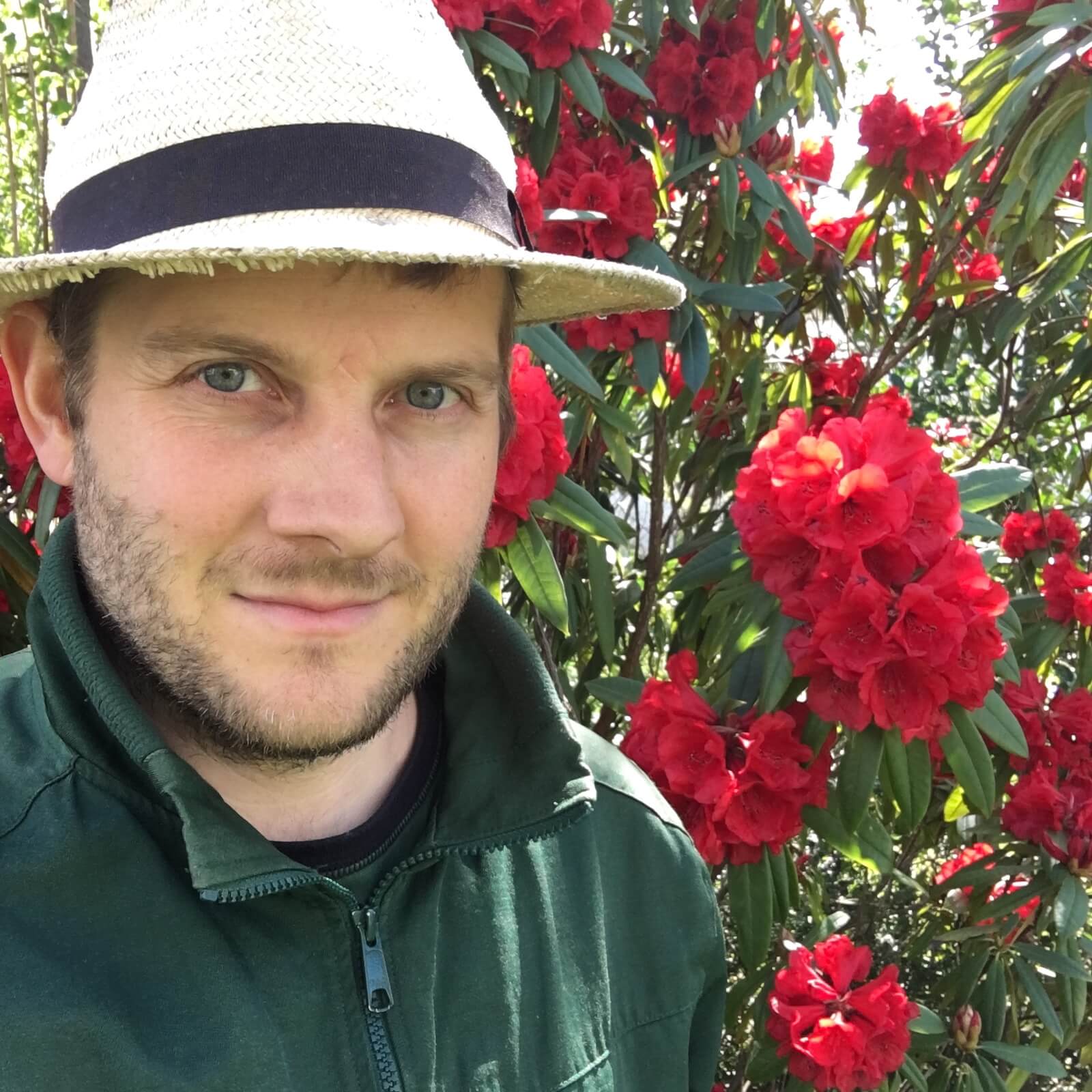 Sven Hipp, Stadtgärtner aus Zürich, mit Strohhut vor blühendem Rhododendron